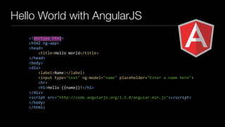 Hello World with AngularJS
<!doctype html>
<html ng-app>
<head>
<title>Hello World</title>
</head>
<body>
<div>
<label>Name:</label>
<input type="text" ng-model="name" placeholder="Enter a name here">
<hr>
<h1>Hello {{name}}!</h1>
</div>
<script src="http://code.angularjs.org/1.5.8/angular.min.js"></script>
</body>
</html>
 