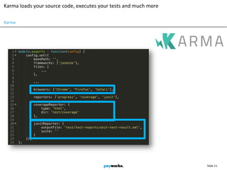 Slide 11
Karma loads your source code, executes your tests and much more
Karma
 