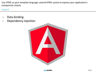 Slide 2
Use HTML as your template language, extend HTML syntax to express your application’s
components clearly
AngularJS
...