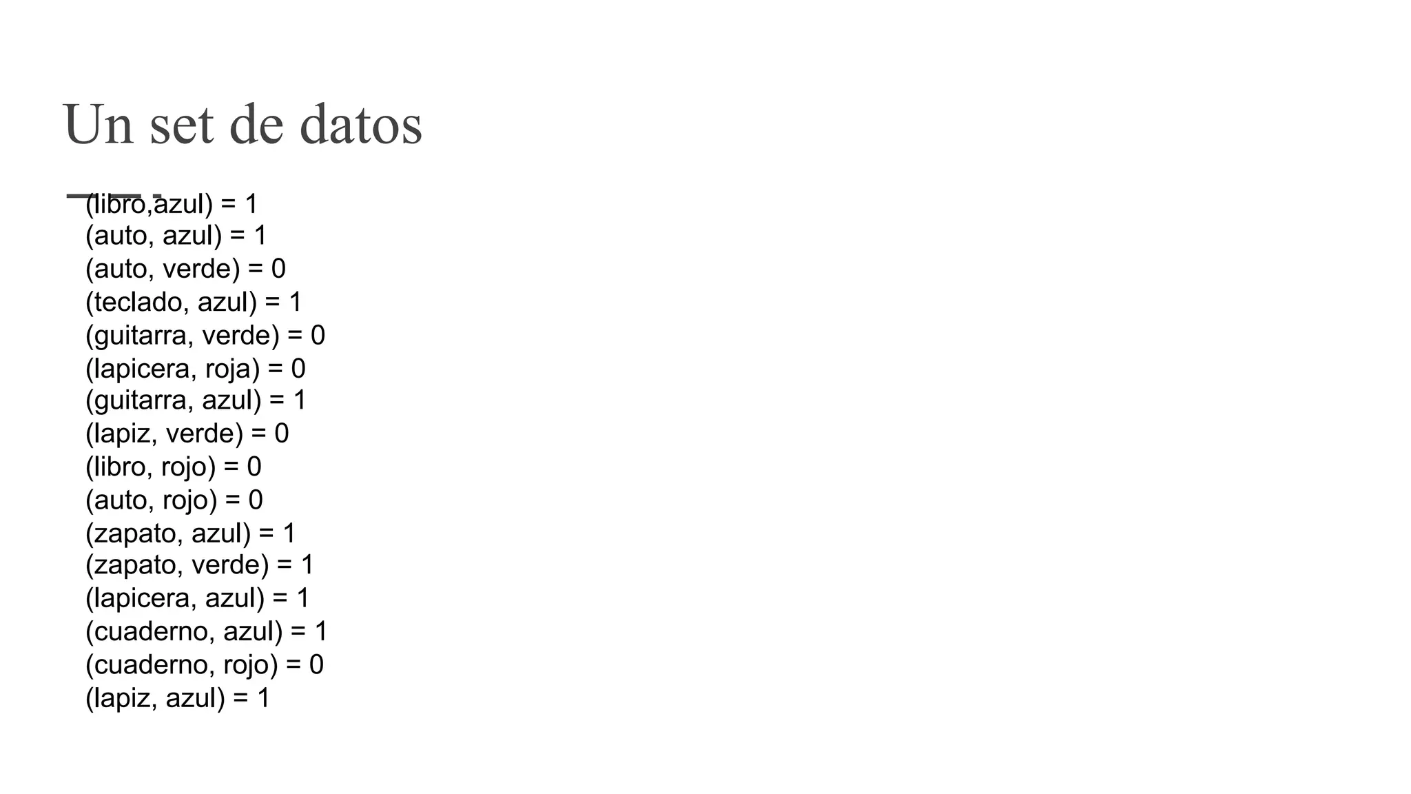 Un set de datos
(libro,azul) = 1
(auto, azul) = 1
(auto, verde) = 0
(teclado, azul) = 1
(guitarra, verde) = 0
(lapicera, roja) = 0
(guitarra, azul) = 1
(lapiz, verde) = 0
(libro, rojo) = 0
(auto, rojo) = 0
(zapato, azul) = 1
(zapato, verde) = 1
(lapicera, azul) = 1
(cuaderno, azul) = 1
(cuaderno, rojo) = 0
(lapiz, azul) = 1
 
