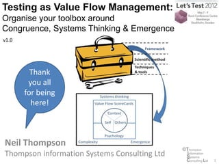Testing as Value Flow Management:
Organise your toolbox around
Congruence, Systems Thinking & Emergence
v1.0




         Thank
        you all
       for being
         here!



Neil Thompson
                                              ©Thompson
Thompson information Systems Consulting Ltd    information
                                               Systems
                                               Consulting Ltd   1
 