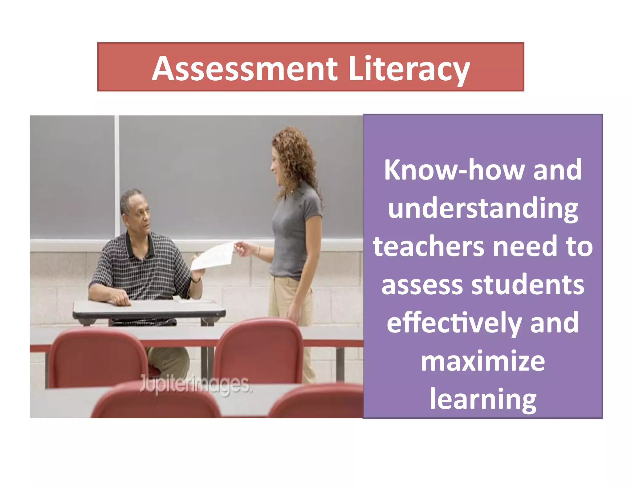 Assessment Literacy 

              Know‐how and 
              understanding 
             teachers need to 
              assess students 
              eﬀec%vely and 
                 maximize 
                 learning 
 