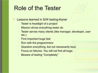 Role of the Tester
 Lessons learned in S/W testing-Kaner
 Tester is headlight of a project
 Mission drives everything tester do
 Tester serves many clients (like manager, developer, user
etc.)
 Find important bugs fast
 Run with the programmers
 Question everything, but not necessarily loud.
 Focus on failures. You will not find all bugs.
 Beware of testing “Completely”
 