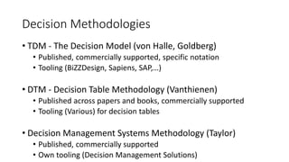 Decision Methodologies
• TDM - The Decision Model (von Halle, Goldberg)
• Published, commercially supported, specific notation
• Tooling (BiZZDesign, Sapiens, SAP,…)
• DTM - Decision Table Methodology (Vanthienen)
• Published across papers and books, commercially supported
• Tooling (Various) for decision tables
• Decision Management Systems Methodology (Taylor)
• Published, commercially supported
• Own tooling (Decision Management Solutions)
 