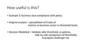 How useful is this?
• Example 2: business loan compliance with policy
• Original analysis = spreadsheet of X tabs of
metrics vs business sector vs threshold levels
• Decision Modelled = Validate-able thresholds vs policies,
Side by side comparison of thresholds,
Champion challenger etc
 
