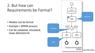 2. But how can
Requirements be Formal?
• Models can be formal
• Example = BPMN process
• Can be validated, simulated,
loops detected etc
Decision
Gateway
Task
Ref OMG DMN
 