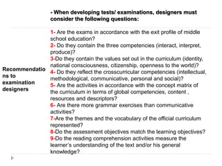 Recommendatio
ns to
examination
designers
- When developing tests/ examinations, designers must
consider the following questions:
1- Are the exams in accordance with the exit profile of middle
school education?
2- Do they contain the three competencies (interact, interpret,
produce)?
3-Do they contain the values set out in the curriculum (identity,
national consciousness, citizenship, openness to the world)?
4- Do they reflect the crosscurricular competencies (intellectual,
methodological, communicative, personal and social)?
5- Are the activities in accordance with the concept matrix of
the curriculum in terms of global competencies, content ,
resources and descriptors?
6- Are there more grammar exercises than communicative
activities?
7-Are the themes and the vocabulary of the official curriculum
represented?
8-Do the assessment objectives match the learning objectives?
9-Do the reading comprehension activities measure the
learner’s understanding of the text and/or his general
knowledge?
 