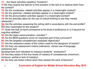 10- Are these activities repetitive ?creative?-
11-Do they require the learner to find answers in the text or to deduce them from
the context?
12- Do the vocabulary- related activities appear in a meaningful context?
13- Do the grammar –related activities appear in a meaningful context?
14- Do the pronunciation activities appear in a meaningful context?
15- Do the activities allow for the use of critical thinking or are they merely
referential ?
16- Are the activities assessing the writing skill in accordance with the exit profile?
Are they meaningful for the student?
17- Does the task at hand correspond to his level of proficiency or is it beyond his
cognitive abilities?
18- Are the tasks communication- oriented ?
19- Do the BEM questions cover an important part of the curriculum?
20- Are the targeted competencies assessed objectively?
21- Are the assessors aware of the rubrics used by the designers of exams?
22- Do they use assessment criteria (relevance, correct use of language,
coherence and
development) and indicators to measure students ‘ production?
23- Are they aware of the four levels of mastery of competencies (maximum,
minimum, partial or lack of mastery)
24 -Do they use these criteria when they assess the work of learners?
Curriculum of English for Middle School Education May 2015
 