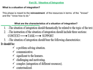 What is a situation of integration?
This phase is meant to the reinvestment of the resources in terms of the "knows"
and the " know how to do "
What are the characteristics of a situation of integration?
 
