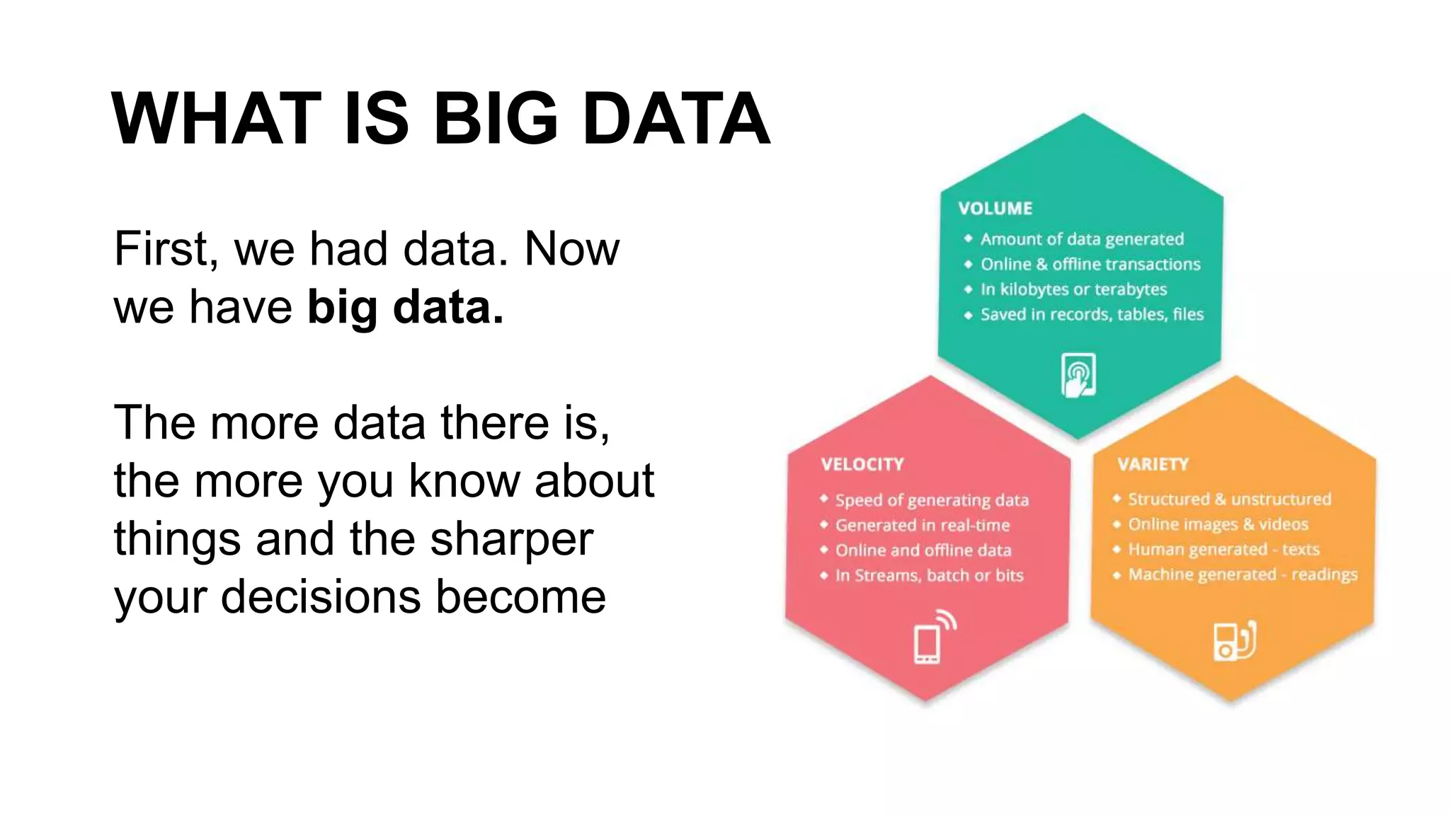 First, we had data. Now
we have big data.
The more data there is,
the more you know about
things and the sharper
your decisions become
WHAT IS BIG DATA
 