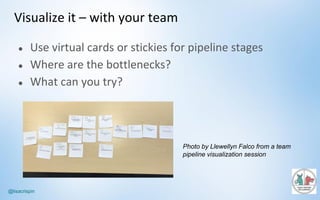 @lisacrispin
Visualize	it	– with	your	team
● Use	virtual	cards	or	stickies for	pipeline	stages
● Where	are	the	bottlenecks?
● What	can	you	try?
Photo by Llewellyn Falco from a team
pipeline visualization session
 