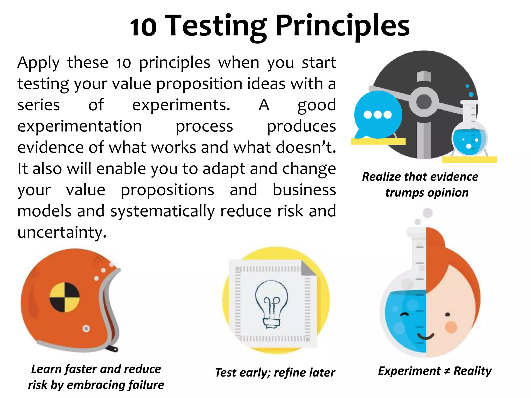 Apply these 10 principles when you start
testing your value proposition ideas with a
series of experiments. A good
experimentation process produces
evidence of what works and what doesn’t.
It also will enable you to adapt and change
your value propositions and business
models and systematically reduce risk and
uncertainty.
10 Testing Principles
Realize that evidence
trumps opinion
Experiment ≠ Reality
Test early; refine later
Learn faster and reduce
risk by embracing failure
 