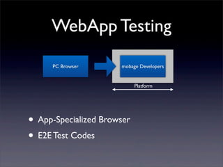WebApp Testing
• App-Specialized Browser
• E2E Test Codes
mobage DevelopersPC Browser
Platform
 