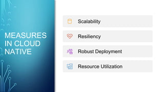 MEASURES
IN CLOUD
NATIVE
Scalability
Resiliency
Robust Deployment
Resource Utilization
 