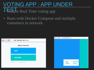 VOTING APP : APP UNDER TEST
▸ Simple Real Time voting app
▸ Runs with Docker Compose and multiple
containers in network
 