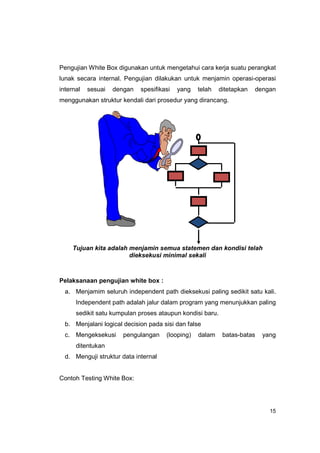 Pengujian White Box digunakan untuk mengetahui cara kerja suatu perangkat
lunak secara internal. Pengujian dilakukan untuk menjamin operasi-operasi
internal   sesuai   dengan   spesifikasi   yang   telah    ditetapkan   dengan
menggunakan struktur kendali dari prosedur yang dirancang.




     Tujuan kita adalah menjamin semua statemen dan kondisi telah
                        dieksekusi minimal sekali



Pelaksanaan pengujian white box :
  a. Menjamim seluruh independent path dieksekusi paling sedikit satu kali.
      Independent path adalah jalur dalam program yang menunjukkan paling
      sedikit satu kumpulan proses ataupun kondisi baru.
  b. Menjalani logical decision pada sisi dan false
  c. Mengeksekusi      pengulangan    (looping)   dalam     batas-batas   yang
      ditentukan
  d. Menguji struktur data internal


Contoh Testing White Box:




                                                                            15
 