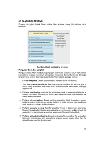4.3 BLACK BOX TESTING
Proses pengujian kotak hitam untuk blok aplikasi yang ditunjukkan pada
Gambar




                       Gambar . Black box testing process
Pengujian Black Box Langkah
Pengujian kotak hitam melibatkan pengujian antarmuka eksternal untuk memastikan
bahwa kode tersebut memenuhi persyaratan fungsional dan nonfunctional. Berbagai
langkah yang terlibat dalam pengujian kotak hitam adalah sebagai berikut:

 1. Create test plans. Create prioritized test plans for black box testing.

 2. Test the external interfaces. Test the external interfaces for various type of
    inputs using automated test suites, such as NUnit suites and custom prototype
    applications.

 3. Perform load testing. Load test the application block to analyze the behavior at
    various load levels. This ensures that it meets all performance objectives that are
    stated as requirements.

 4. Perform stress testing. Stress test the application block to analyze various
    bottlenecks and to identify any issues visible only under extreme load conditions,
    such as race conditions and contentions.

 5. Perform security testing. Test for possible threats in deployment scenarios.
    Deploy the application block in a simulated target environment and try to hack the
    application by exploiting any possible weakness of the application block.

 6. Perform globalization testing. Execute test cases to ensure that the application
    block can be integrated with applications targeted toward locales other than the
    default locale used for development.



                                                                                    20
 