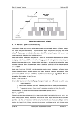 Bab IV Strategi Testing Halaman 95
Gambar 4.2 Tahapan testing software.
4.1.4 Kriteria pemenuhan testing
Per
kita
cuk angnya, tak ada jawaban yang definitif untuk pertanyaan ini, namun ada
Sala
cara
soft elanggan anda.” Setiap waktu pelanggan / pengguna mengeksekusi suatu
lah dites. Karena hal inilah dibutuhkan adanya aktifitas
software di tes untuk suatu
l = Inisial dari intensitas error dari software (error per unit waktu) saat awal testing.
sial intesitas error saat error telah diperbaiki.
Intens
l(t) = l
Den
hasil kin ap kurva prediksi
(gambar 4.3
testing d an yang
tanyaan klasik yang muncul setiap waktu saat mendiskusikan testing software, “Kapan
dapat menyelesaikan testing – bagaimana kita dapat mengetahui apa yang dites telah
up?” Say
beberapa respon pragmatis dan tuntunan empiris.
h satu respon pragmatis, menyatakan : “Anda tak akan pernah menyelesaikan testing,
yang sederhana, adalah memindahkan tanggung jawab testing dari anda (perekayasa
ware) ke p
program komputer, maka program te
lain dari SQA.
Musa dan Ackerman [MUS89] mengembangkan suatu model kesalahan software (yang
didapat selama testing) sebagai fungsi dari waktu eksekusi, dengan berdasarkan pada
pemodelan statistik dan teori reliabilitas. Model ini disebut sebagai logarithmic Poisson
execution-time model, dengan bentuk:
f(t) = (1 / p) ln (l0 p t + 1)
dimana f(t) = Jumlah error kumulatif yang diharapkan terjadi saat
waktu eksekusi, t.
0
P = Pengurangan secara eksponen
itas error, l(t) dapat diturunkan dengan menurunkan derivasi dari f(t):
/ (l p t + 1)0 0
gan manggunakan persamaan l(t) di atas, tester dapat memprediksi turunnya errors dari
erja proses testing. Intensitas error aktual dapat di-plot terhad
). Jika, karena alasan tertentu yang masuk akal, data aktual yang didapat selama
an logarithmic Poisson execution time model, berdekatan antar satu deng
STIKOM Testing dan Implementasi Sistem Romeo, S.T.
 