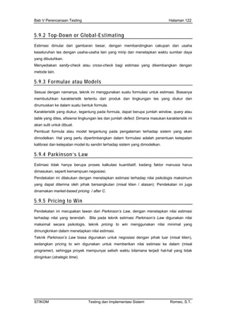 Bab V Perencanaan Testing Halaman 122
5.9.2 Top-Down or Global-Estimating
Esti
kes rip dan menetapkan waktu sumber daya
yan
si yang dikembangkan dengan
met
5.9
masi dimulai dari gambaran besar, dengan membandingkan cakupan dan usaha
eluruhan tes dengan usaha-usaha lain yang mi
g dibutuhkan.
Menyediakan sanity-check atau cross-check bagi estima
ode lain.
.3 Formulae atau Models
Ses lasi untuk estimasi. Biasanya
mem iukur dan
diru
Karakte g pada formula, dapat berupa jumlah window, query atau
es, efi ana masukan karakteristik ini
ntuk
uai dengan namanya, teknik ini menggunakan suatu formu
butuhkan karakteristik tertentu dari produk dan lingkungan tes yang d
muskan ke dalam suatu bentuk formula.
ristik yang diukur, tegantun
table yang dit siensi lingkungan tes dan jumlah defect. Dim
akan sulit u dibuat.
Pembuat formula atau model tergantung pada pengalaman terhadap sistem yang akan
dimodelkan. Hal yang perlu dipertimbangkan dalam formulasi adalah penentuan ketepatan
kalibrasi dan ketepatan model itu sendiri terhadap sistem yang dimodelkan.
5.9.4 Parkinson’s Law
Estimasi tidak hanya berupa proses kalkulas
dimasukan, seperti kemampuan negosiasi.
i kuantitatif, kadang faktor manusia harus
stimasi terhadap nilai psikologis maksimum
klien / atasan). Pendekatan ini juga
Pendekatan ini dilakukan dengan menetapkan e
yang dapat diterima oleh pihak bersangkutan (misal
dinamakan market-based pricing / after C.
5.9.5 Pricing to Win
Pendekatan ini merupakan lawan dari Parkinson’s Law, dengan menetapkan nilai estimasi
terhadap nilai yang terendah. Bila pada teknik estimasi Parkinson’s Law digunakan nilai
maksimal secara psikologis, teknik pricing to win menggunakan nilai minimal yang
untuk memberikan nilai estimasi ke dalam (misal
hal-hal yang tidak
dimungkinkan dalam menetapkan nilai estimasi.
Teknik Parkinson’s Law biasa digunakan untuk negosiasi dengan pihak luar (misal klien),
sedangkan pricing to win digunakan
programer), sehingga proyek mempunyai selisih waktu bilamana terjadi
diinginkan (strategic time).
STIKOM Testing dan Implementasi Sistem Romeo, S.T.
 