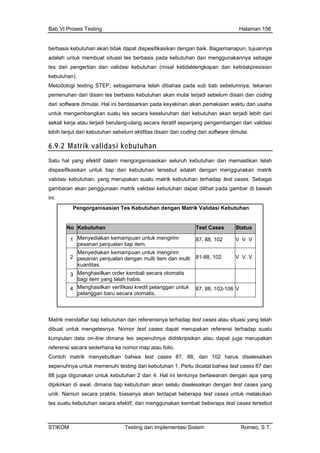 Bab VI Proses Testing Halaman 156
berbasis k han akan tidak dapat dispesifikasikanebutu dengan baik. Bagaimanapun, tujuannya
adalah untuk membuat situasi tes berbasis pada kebutuhan dan menggunakannya sebagai
EP, sebagaimana telah dibahas pada sub bab sebelumnya, tekanan
tes dari pengertian dan validasi kebutuhan (misal ketidaklengkapan dan ketidakpresisian
kebutuhan).
Metodologi testing ST
pemenuhan dari disain tes berbasis kebutuhan akan mulai terjadi sebelum disain dan coding
dari software dimulai. Hal ini berdasarkan pada keyakinan akan pemakaian waktu dan usaha
untuk mengembangkan suatu tes secara keseluruhan dari kebutuhan akan terjadi lebih dari
sekali kerja atau terjadi berulang-ulang secara iteratif sepanjang pengembangan dan validasi
lebih lanjut dari kebutuhan sebelum aktifitas disain dan coding dari software dimulai.
6.9.2 Matrik validasi kebutuhan
Satu hal yang efektif dalam mengorganisasikan seluruh kebutuhan dan memastikan telah
dispesifikasikan untuk tiap dari kebutuhan tersebut adalah dengan menggunakan matrik
validasi kebutuhan, yang merupakan suatu matrik kebutuhan terhadap test cases. Sebagai
gambaran akan penggunaan matrik validasi kebutuhan dapat dilihat pada gambar di bawah
ini.
Pengorganisasian Tes Kebutuhan dengan Matrik Validasi Kebutuhan
No Kebutuhan Test Cases Status
1 Menyediakan kemampuan untuk mengirim
pesanan penjualan tiap item.
87, 88, 102 V V V
2
Menyediakan kemampuan untuk mengirim
pesanan penjualan dengan multi item dan multi
kuantitas.
81-88, 102 V V V
bagi item yang telah habis.
3 Menghasilkan order kembali secara otomatis
06 V4 Menghasilkan verifikasi kredit pelanggan untuk 87, 88, 103-1
pelanggan baru secara otomatis.
Matrik mendaftar tiap kebutuhan dan referensinya terhadap test cases atau situasi yang telah
dibuat untuk mengetesnya. Nomor test cases dapat merupakan referensi terhadap suatu
kumpulan data on-line dimana tes sepenuhnya didiskripsikan atau dapat juga merupakan
referensi secara sederhana ke nomor map atau folio.
diselesaikan
sepenuhnya untuk memenuhi testing dari kebutuhan 1. Perlu dicatat bahwa test cases 87 dan
test cases yang
test cases untuk melakukan
gunakan kembali beberapa test cases tersebut
Contoh matrik menyebutkan bahwa test cases 87, 88, dan 102 harus
88 juga digunakan untuk kebutuhan 2 dan 4. Hal ini tentunya berlawanan dengan apa yang
dipikirkan di awal, dimana tiap kebutuhan akan selalu diselesaikan dengan
unik. Namun secara praktis, biasanya akan terdapat beberapa
tes suatu kebutuhan secara efektif, dan meng
STIKOM Testing dan Implementasi Sistem Romeo, S.T.
 