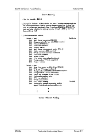 Bab VII Manajemen Fungsi Testing Halaman 179
Gambar 7.4 Contoh Test Log.
STIKOM Testing dan Implementasi Sistem Romeo, S.T.
 