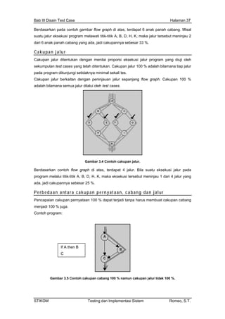 Bab III Disain Test Case Halaman 37
Berdasarkan pada contoh gambar flow graph di atas, terdapat 6 anak panah cabang. Misal
ang yang ada, jadi cakupannya sebesar 33 %.
r
suatu jalur eksekusi program melawati titik-titik A, B, D, H, K, maka jalur tersebut meninjau 2
dari 6 anak panah cab
Cakupan jalu
Cakupan jalur ditentukan dengan menilai proporsi eksekusi jalur program yang diuji oleh
sekumpulan test cases yang telah ditentukan. Cakupan jalur 100 % adalah bilamana tiap jalur
pada program dikunjungi setidaknya minimal sekali tes.
Cakupan jalur berkaitan dengan peninjauan jalur sepanjang flow graph. Cakupan 100 %
adalah bilamana semua jalur dilalui oleh test cases.
ebut meninjau 1 dari 4 jalur yang
upan pernyataan, cabang dan jalur
Gambar 3.4 Contoh cakupan jalur.
Berdasarkan contoh flow graph di atas, terdapat 4 jalur. Bila suatu eksekusi jalur pada
program melalui titik-titik A, B, D, H, K, maka eksekusi ters
ada, jadi cakupannya sebesar 25 %.
Perbedaan antara cak
Pencapaian cakupan pernya
menjadi 100 % juga.
taan 100 % dapat terjadi tanpa harus membuat cakupan cabang
Contoh program:
If A then B
C
Gambar 3.5 Contoh cakupan cabang 100 % namun cakupan jalur tidak 100 %.
STIKOM Testing dan Implementasi Sistem Romeo, S.T.
 