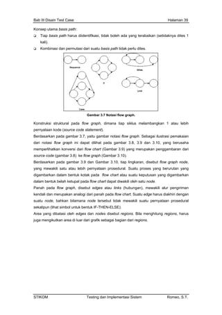 Bab III Disain Test Case Halaman 39
Konsep utama basis path:
Tiap basis path harus diidentifikasi, tidak boleh ada yang terabaikan (setidaknya dites 1
kali).
Kombinasi dan permutasi dari suatu basis path tidak perlu dites.
Gambar 3.7 Notasi flow graph.
onstruksi struktural pada flow graph, dimana tiap siklus melambangkan 1 atau lebih
pernyataan kode (source code statement).
Berdasarkan pada gambar 3.7, ya aph. Sebagai ilustrasi pemakaian
ari notasi flow graph ini dapat dilihat pada gambar 3.8, 3.9 dan 3.10, yang berusaha
emperlihatkan konversi dari flow chart (Gambar 3.9) yang merupakan penggambaran dari
ource code (gambar 3.8) ke flow graph (Gambar 3.10).
erdasarkan pada gambar 3.9 dan Gambar 3.10, tiap lingkaran, disebut flow graph node,
ang mewakili satu atau lebih pernyataan prosedural. Suatu proses yang berurutan yang
igambarkan dalam bentuk kotak pada flow chart atau suatu keputusan yang digambarkan
alam bentuk belah ketupat pada flow chart dapat diwakili oleh satu node.
anah pada flow graph, disebut edges atau links (hubungan), mewakili alur pengiriman
endali dan merupakan analogi dari panah pada flow chart. Suatu edge harus diakhiri dengan
uatu node, bahkan bilamana node tersebut tidak mewakili suatu pernyataan prosedural
ekalipun (lihat simbol untuk bentuk IF-THEN-ELSE).
rea yang dibatasi oleh edges dan nodes disebut regions. Bila menghitung regions, harus
ga mengikutkan area di luar dari grafik sebagai bagian dari regions.
K
itu gambar notasi flow gr
d
m
s
B
y
d
d
P
k
s
s
A
ju
STIKOM Testing dan Implementasi Sistem Romeo, S.T.
 