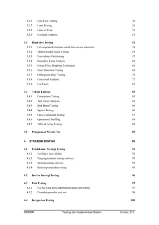 3.2.6 Data Flow Testing 48
3.2.7 Loop Testing 50
3.2.8 Lines of Code 51
3.2.9 Halstead’s Metrics 51
3.3 Black Box Testing 52
3.3.1 Dekomposisi kebutuhan untuk dites secara sistematis 53
3.3.2 Metode Graph Based Testing 54
3.3.3 Equivalence Partitioning 57
3.3.4 Boundary Value Analysis 62
3.3.5 Cause-Effect Graphing Techniques 66
3.3.6 State Transition Testing 68
3.3.7 Orthogonal Array Testing 70
3.3.8 Functional Analysis 72
3.3.9 Use Cases 82
3.4 Teknik Lainnya 85
3.4.1 Comparison Testing 85
3.4.2 Test Factor Analysis 86
3.4.3 Risk Based Testing 86
3.4.4 Syntax Testing 86
3.4.5 Cross-Functional Testing 87
3.4.6 Operational Profiling 88
3.4.7 Table & Array Testing 88
3.5 Penggunaan Metode Tes 89
4 STRATEGI TESTING 90
4.1 Pendekatan Strategi Testing 91
4.1.1 Verifikasi dan validasi 92
4.1.2 Pengorganisasian testing software 92
4.1.3 Strategi testing software 93
4.1.4 Kriteria pemenuhan testing 95
4.2 Isu-Isu Strategi Testing 96
4.3 Unit Testing 97
4.3.1 Hal-hal yang perlu diperhatikan pada unit testing 97
4.3.2 Prosedur-prosedur unit test 99
4.4 Integration Testing 100
STIKOM Testing dan Implementasi Sistem Romeo, S.T.
 