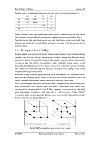 Bab III Disain Test Case Halaman 70
Sebagai contoh, terdapat tabel status untuk tampilan waktu device seperti di bawah ini:
CM R TS DS
S1 S2/D S3/AT -1 -1
S2 S1/T S4/AD - -
S3 - - S1/T -
S4 - - - S2/D
Sel-sel dari tabel status yang diperlihatkan dalam bentuk -, melambangkan tak ada transisi
(null transition), dimana bila tiap transisi tersebut dilaksanakan akan menghasilkan failure.
Tes untuk transisi tidak valid dibuat seperti yang telah diperlihatkan untuk transisi valid. Tabel
status sangat ideal untuk mengidentifikasi test cases. Akan ada 16 tes berdasarkan sel-sel
dari tabel status.
3.3.7 Orthogonal Array Testing
Banyak aplikasi yang mempunyai domain masukan relatif terbatas, yaitu jumlah parameter
masukan yang kecil dan nilai dari tiap parameter terhubung secara jelas. Bilamana jumlah
parameter masukan ini sangat kecil (seperti, tiga masukan parameter yang masing-masing
mempunyai tiga nilai diskrit), memungkinkan untuk melakukan testing secara komplit
onsep yang penting sebagai acuan untuk suatu kondisi yang ideal, namun tak
tu masukan pada satu waktu”, diasumsikan suatu sistem yang
mempunyai tiga masukan yaitu X, Y dan Z. Tiap masukan ini mempunyai tiga nilai diskrit
yang diasosiasikan terhadapnya. Jadi akan ada 33
= 27 test cases. Phadke [PHA97]
memberikan sudut pandang geometris dari test cases yang mungkin, diasosiasikan dengan
X,Y dan Z.seperti pada gambar dibawah ini.
(exhaustive testing) terhadap domain masukan. Namun bila jumlah nilai masukan meningkat
dan jumlah nilai diskrit untuk tiap item data juga meningkat, maka testing secara komplit
menjadi tidak mungkin dilaksanakan.
Exhaustive testing adalah tes yang mencakup setiap kemungkinan input dan kondisi inisial.
Merupakan k
pernah dilakukan dalam praktek, karena volume test cases yang sangat besar.
Untuk mengilustrasikan perbedaan antara pendekatan orthogonal array testing dengan yang
lebih konvensional “sa
Gambar 3.24 Sudut pandang geometris dari test casses.
STIKOM Testing dan Implementasi Sistem Romeo, S.T.
 