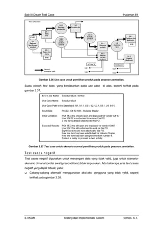 Bab III Disain Test Case Halaman 84
Gambar 3.36 Use case untuk pemilihan produk pada pesanan pembelian.
Suatu contoh test case, yang berdasarkan pada use case di atas, seperti terlhat pada
gambar 3.37.
ambar 3.37 Test case untuk skenario normal pemilihan produk pada pesanan pembelian.G
Test cases negatif
Test cases negatif digunakan untuk menangani data yang tidak valid, juga untuk skenario-
guna yang tidak valid, seperti
skenario dimana kondisi awal (preconditions) tidak terpuaskan. Ada beberapa jenis test cases
negatif yang dapat dibuat, yaitu:
Cabang-cabang alternatif menggunakan aksi-aksi peng
terlihat pada gambar 3.38.
STIKOM Testing dan Implementasi Sistem Romeo, S.T.
 