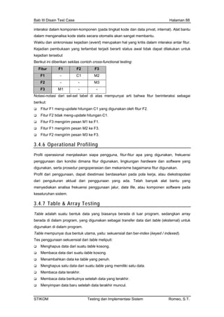 Bab III Disain Test Case Halaman 88
interaksi dalam komponen-komponen (pada tingkat kode dan data privat, internal). Alat bantu
alam menganalisa kode statis secara otomatis akan sangat membantu.
Waktu dan sinkronisasi k m interaksi antar fitur.
ejadian pembukaan ya apat dilakukan untuk
ejadian tersebut
erikut ini diberikan sekilas contoh cross-functional testing:
d
ejadian (event) merupakan hal yang kritis dala
ng terlambat terjadi berarti status awal tidak dK
k
B
Fitur F1 F2 F3
F1 - C1 M2
F2 - - M3
F3 M1 - -
Notasi-notasi dari sel-sel tabel di atas mempunyai arti bahwa fitur berinteraksi sebagai
meng-update hitungan C1 yang digunakan oleh fitur F2.
Fitur F2 tidak meng-update hitungan C1.
Fitur F3 mengirim pesan M1 ke F1.
Fitur F1 mengirim pesan M2 ke F3.
Fitur F2 mengirim pesan M3 ke F3.
3.4.6 Operational Profiling
berikut:
Fitur F1
Profil operasional menjelaskan siapa pengguna, fitur-fitur apa yang digunakan, frekuensi
penggunaan dan kondisi dimana fitur digunakan, lingkungan hardware dan software yang
digunakan, serta prosedur pengoperasian dan mekanisme bagaimana fitur digunakan.
Profil dari penggunaan, dapat diestimasi berdasarkan pada pola kerja, atau diekstrapolasi
dari pengukuran aktual dari penggunaan yang ada. Telah banyak alat bantu yang
menyediakan analisa frekuensi penggunaan jalur, data file, atau komponen software pada
keseluruhan sistem.
3.4.7 Table & Array Testing
Table adalah suatu bentuk data yang biasanya berada di luar program, sedangkan array
berada di dalam program, yang digunakan sebagai transfer data dari table (eksternal) untuk
digunakan di dalam program.
Table mempunyai dua bentuk utama, yaitu: sekuensial dan ber-index (keyed / indexed).
Tes penggunaan sekuensial dari table meliputi:
Menghapus data dari suatu table kosong.
Membaca data dari suatu table kosong.
Menambahkan data ke table yang penuh.
Menghapus satu data dari suatu table yang memiliki satu data.
Membaca data terakhir.
Membaca data berikutnya setelah data yang terakhir.
Menyimpan data baru setelah data terakhir muncul.
STIKOM Testing dan Implementasi Sistem Romeo, S.T.
 