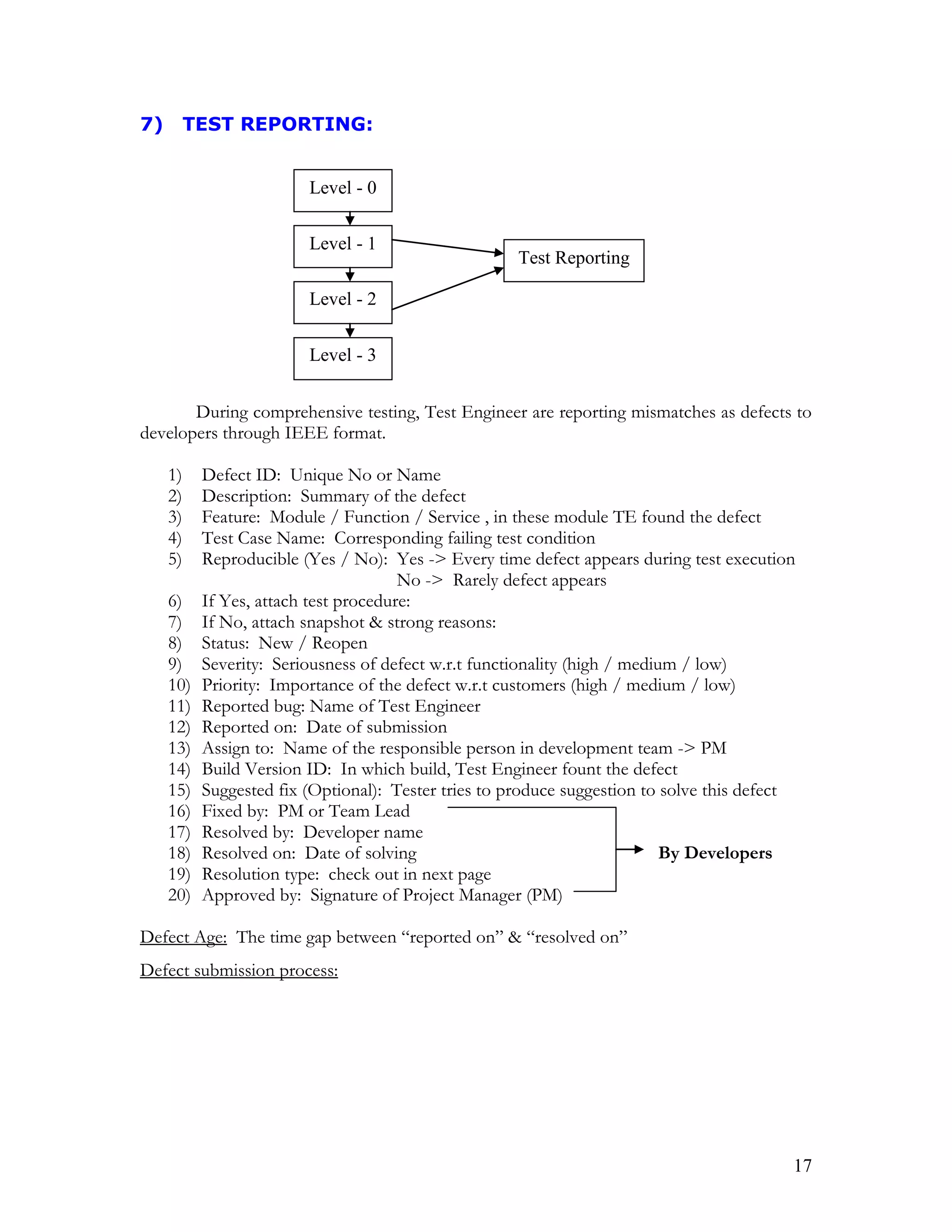 17
7) TEST REPORTING:
During comprehensive testing, Test Engineer are reporting mismatches as defects to
developers through IEEE format.
1) Defect ID: Unique No or Name
2) Description: Summary of the defect
3) Feature: Module / Function / Service , in these module TE found the defect
4) Test Case Name: Corresponding failing test condition
5) Reproducible (Yes / No): Yes -> Every time defect appears during test execution
No -> Rarely defect appears
6) If Yes, attach test procedure:
7) If No, attach snapshot & strong reasons:
8) Status: New / Reopen
9) Severity: Seriousness of defect w.r.t functionality (high / medium / low)
10) Priority: Importance of the defect w.r.t customers (high / medium / low)
11) Reported bug: Name of Test Engineer
12) Reported on: Date of submission
13) Assign to: Name of the responsible person in development team -> PM
14) Build Version ID: In which build, Test Engineer fount the defect
15) Suggested fix (Optional): Tester tries to produce suggestion to solve this defect
16) Fixed by: PM or Team Lead
17) Resolved by: Developer name
18) Resolved on: Date of solving By Developers
19) Resolution type: check out in next page
20) Approved by: Signature of Project Manager (PM)
Defect Age: The time gap between “reported on” & “resolved on”
Defect submission process:
Level - 0
Level - 1
Level - 2
Level - 3
Test Reporting
 