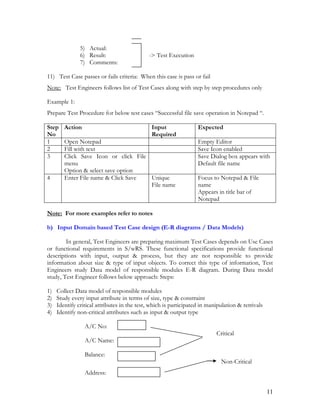 11
5) Actual:
6) Result: -> Test Execution
7) Comments:
11) Test Case passes or fails criteria: When this case is pass or fail
Note: Test Engineers follows list of Test Cases along with step by step procedures only
Example 1:
Prepare Test Procedure for below test cases “Successful file save operation in Notepad “.
Step
No
Action Input
Required
Expected
1 Open Notepad Empty Editor
2 Fill with text Save Icon enabled
3 Click Save Icon or click File
menu
Option & select save option
Save Dialog box appears with
Default file name
4 Enter File name & Click Save Unique
File name
Focus to Notepad & File
name
Appears in title bar of
Notepad
Note: For more examples refer to notes
b) Input Domain based Test Case design (E-R diagrams / Data Models)
In general, Test Engineers are preparing maximum Test Cases depends on Use Cases
or functional requirements in S/wRS. These functional specifications provide functional
descriptions with input, output & process, but they are not responsible to provide
information about size & type of input objects. To correct this type of information, Test
Engineers study Data model of responsible modules E-R diagram. During Data model
study, Test Engineer follows below approach: Steps:
1) Collect Data model of responsible modules
2) Study every input attribute in terms of size, type & constraint
3) Identify critical attributes in the test, which is participated in manipulation & retrivals
4) Identify non-critical attributes such as input & output type
A/C No:
Critical
A/C Name:
Balance:
Non-Critical
Address:
 