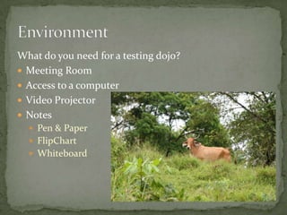 What do youneedfor a testingdojo?Meeting RoomAccess to a computerVideo ProjectorNotesPen & Paper FlipChartWhiteboardEnvironment