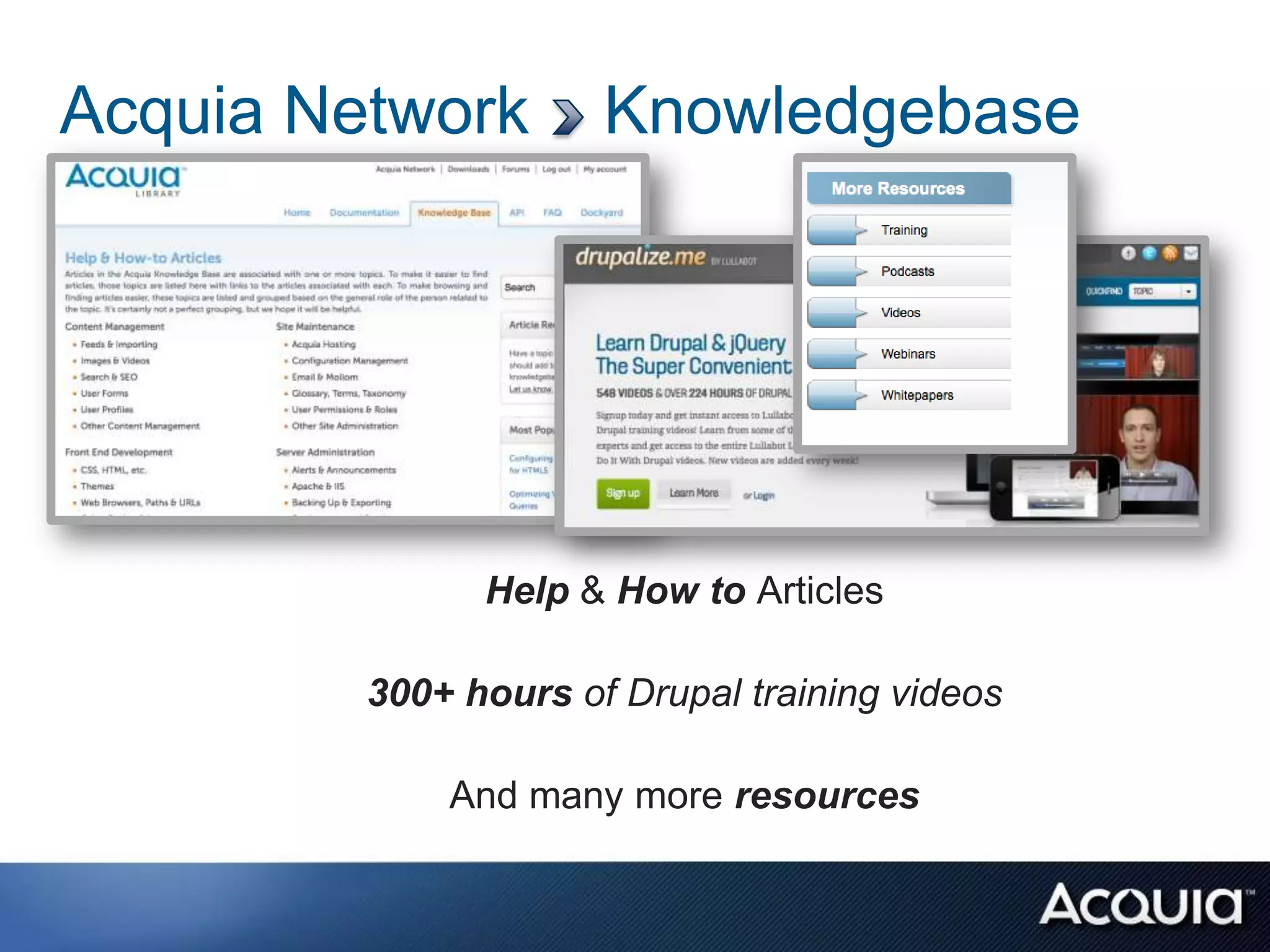 Acquia Network        Knowledgebase




               Help & How to Articles

         300+ hours of Drupal training videos

             And many more resources
 