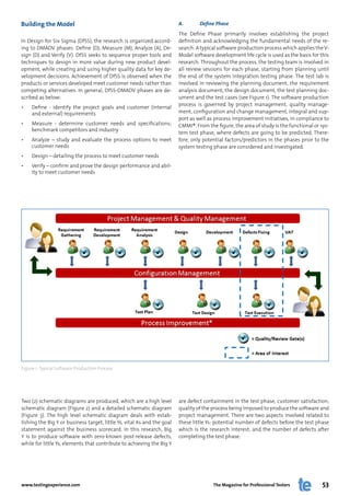 Building the Model                                                       A.       Define Phase
                                                                         The Define Phase primarily involves establishing the project
In Design for Six Sigma (DfSS), the research is organized accord-        definition and acknowledging the fundamental needs of the re-
ing to DMADV phases: Define (D), Measure (M), Analyze (A), De-           search. A typical software production process which applies the V-
sign (D) and Verify (V). DfSS seeks to sequence proper tools and         Model software development life cycle is used as the basis for this
techniques to design in more value during new product devel-             research. Throughout the process, the testing team is involved in
opment, while creating and using higher quality data for key de-         all review sessions for each phase, starting from planning until
velopment decisions. Achievement of DfSS is observed when the            the end of the system integration testing phase. The test lab is
products or services developed meet customer needs rather than           involved in reviewing the planning document, the requirement
competing alternatives. In general, DfSS-DMADV phases are de-            analysis document, the design document, the test planning doc-
scribed as below:                                                        ument and the test cases (see Figure 1). The software production
                                                                         process is governed by project management, quality manage-
•	   Define - identify the project goals and customer (internal
     and external) requirements                                          ment, configuration and change management, integral and sup-
                                                                         port as well as process improvement initiatives, in compliance to
•	   Measure - determine customer needs and specifications;              CMMI®. From the figure, the area of study is the functional or sys-
     benchmark competitors and industry
                                                                         tem test phase, where defects are going to be predicted. There-
•	   Analyze – study and evaluate the process options to meet            fore, only potential factors/predictors in the phases prior to the
     customer needs                                                      system testing phase are considered and investigated.
•	   Design – detailing the process to meet customer needs
•	   Verify – confirm and prove the design performance and abil-
     ity to meet customer needs




Figure 1: Typical Software Production Process




Two (2) schematic diagrams are produced, which are a high level          are defect containment in the test phase, customer satisfaction,
schematic diagram (Figure 2) and a detailed schematic diagram            quality of the process being imposed to produce the software and
(Figure 3). The high level schematic diagram deals with estab-           project management. There are two aspects involved related to
lishing the Big Y or business target, little Ys, vital Xs and the goal   these little Ys: potential number of defects before the test phase
statement against the business scorecard. In this research, Big          which is the research interest, and the number of defects after
Y is to produce software with zero-known post-release defects,           completing the test phase.
while for little Ys, elements that contribute to achieving the Big Y




www.testingexperience.com                                                               The Magazine for Professional Testers            53
 