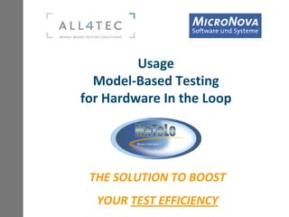 Usage
  Model-Based Testing
for Hardware In the Loop




 THE SOLUTION TO BOOST
  YOUR TEST EFFICIENCY
 