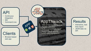 API
• Continuous
Integration
• IDE
• Command Line

Clients
• Browser-based
web app

AppThwack
•
•
•
•

100s of non-rooted devices
Parallel execution
Built-in compatibility tests
Support for all popular
automation frameworks

Results
• Interactive, realtime report
• JSON data via
API

 