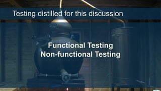 Testing distilled for this discussion

Functional Testing
Non-functional Testing

 