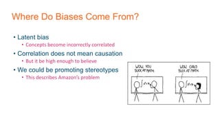 Where Do Biases Come From?
• Latent bias
• Concepts become incorrectly correlated
• Correlation does not mean causation
• But it be high enough to believe
• We could be promoting stereotypes
• This describes Amazon’s problem
 