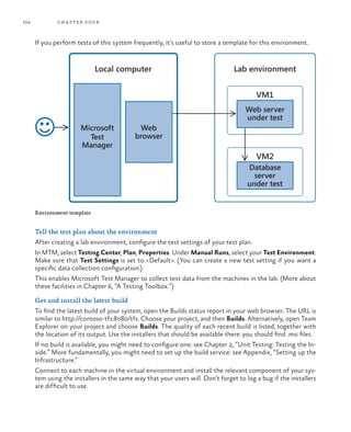 104           ch a pter four



      If you perform tests of this system frequently, it’s useful to store a template for this environment.


                             Local computer                                      Lab environment


                                                                                         VM1
                                                                                     Web server
                                                                                     under test
                       Microsoft            Web
                         Test              browser
                       Manager
                                                                                         VM2
                                                                                      Database
                                                                                        server
                                                                                      under test


      Environment template


      Tell the test plan about the environment
      After creating a lab environment, configure the test settings of your test plan.
      In MTM, select Testing Center, Plan, Properties. Under Manual Runs, select your Test Environment.
      Make sure that Test Settings is set to <Default>. (You can create a new test setting if you want a
      specific data collection configuration.)
      This enables Microsoft Test Manager to collect test data from the machines in the lab. (More about
      these facilities in Chapter 6, “A Testing Toolbox.”)

      Get and install the latest build
      To find the latest build of your system, open the Builds status report in your web browser. The URL is
      similar to http://contoso-tfs:8080/tfs. Choose your project, and then Builds. Alternatively, open Team
      Explorer on your project and choose Builds. The quality of each recent build is listed, together with
      the location of its output. Use the installers that should be available there: you should find .msi files.
      If no build is available, you might need to configure one: see Chapter 2, “Unit Testing: Testing the In-
      side.” More fundamentally, you might need to set up the build service: see Appendix, “Setting up the
      Infrastructure.”
      Connect to each machine in the virtual environment and install the relevant component of your sys-
      tem using the installers in the same way that your users will. Don’t forget to log a bug if the installers
      are difficult to use.
 