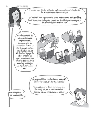 174           ch a pter sev en

                                  Our cycle from client’s wishes to deployed code is much shorter. We
                                                 don’t have all those separate stages.

                                 And we don’t have separate roles. Sure, we have some really good bug
                                 ﬁnders, and some really great coders, and specialist graphic designers;
                                                  but everybody does some of each.




                We often demo to the
                  client, and discuss
                    improvements.
                  For cloud apps we
               release each feature as
               it’s developed, and see
                what feedback we get.
               We don’t do big speciﬁ-
                 cation upfront, and
              expect new ideas to come
              up as we go along. What
                we end up with is just
               exactly what the users
                          need.




                                      No way would that ever be the way we work!
                                       Not for our healthcare business, anyway.

                                      We are not going to determine requirements
                                         by trying out wacky ideas on the live
      But your process is              hospital system every couple of weeks!
       so heavyweight…
 