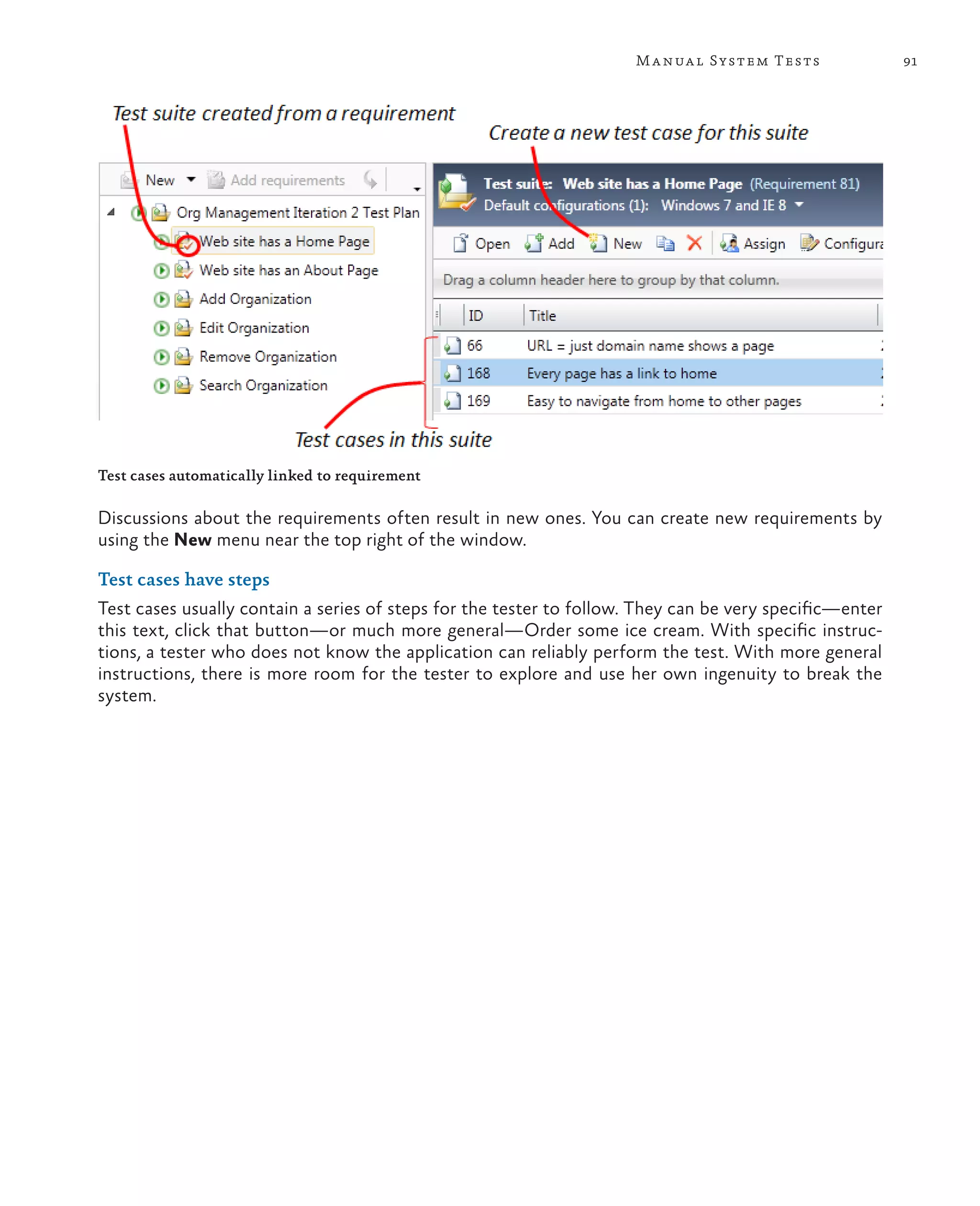 91Manual System Tests Test cases automatically linked to requirement Discussions about the requirements often result in new ones. You can create new requirements by using the New menu near the top right of the window. Test cases have steps Test cases usually contain a series of steps for the tester to follow. They can be very specific—enter this text, click that button—or much more general—Order some ice cream. With specific instruc- tions, a tester who does not know the application can reliably perform the test. With more general instructions, there is more room for the tester to explore and use her own ingenuity to break the system. 