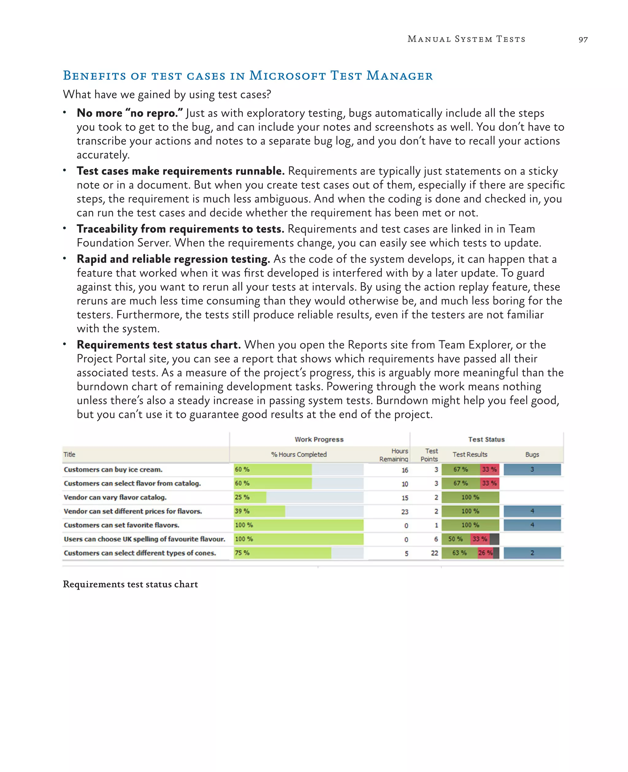 97Manual System Tests Benefits of test cases in Microsoft Test Manager What have we gained by using test cases? • No more “no repro.” Just as with exploratory testing, bugs automatically include all the steps you took to get to the bug, and can include your notes and screenshots as well. You don’t have to transcribe your actions and notes to a separate bug log, and you don’t have to recall your actions accurately. • Test cases make requirements runnable. Requirements are typically just statements on a sticky note or in a document. But when you create test cases out of them, especially if there are specific steps, the requirement is much less ambiguous. And when the coding is done and checked in, you can run the test cases and decide whether the requirement has been met or not. • Traceability from requirements to tests. Requirements and test cases are linked in in Team Foundation Server. When the requirements change, you can easily see which tests to update. • Rapid and reliable regression testing. As the code of the system develops, it can happen that a feature that worked when it was first developed is interfered with by a later update. To guard against this, you want to rerun all your tests at intervals. By using the action replay feature, these reruns are much less time consuming than they would otherwise be, and much less boring for the testers. Furthermore, the tests still produce reliable results, even if the testers are not familiar with the system. • Requirements test status chart. When you open the Reports site from Team Explorer, or the Project Portal site, you can see a report that shows which requirements have passed all their associated tests. As a measure of the project’s progress, this is arguably more meaningful than the burndown chart of remaining development tasks. Powering through the work means nothing unless there’s also a steady increase in passing system tests. Burndown might help you feel good, but you can’t use it to guarantee good results at the end of the project. Requirements test status chart 