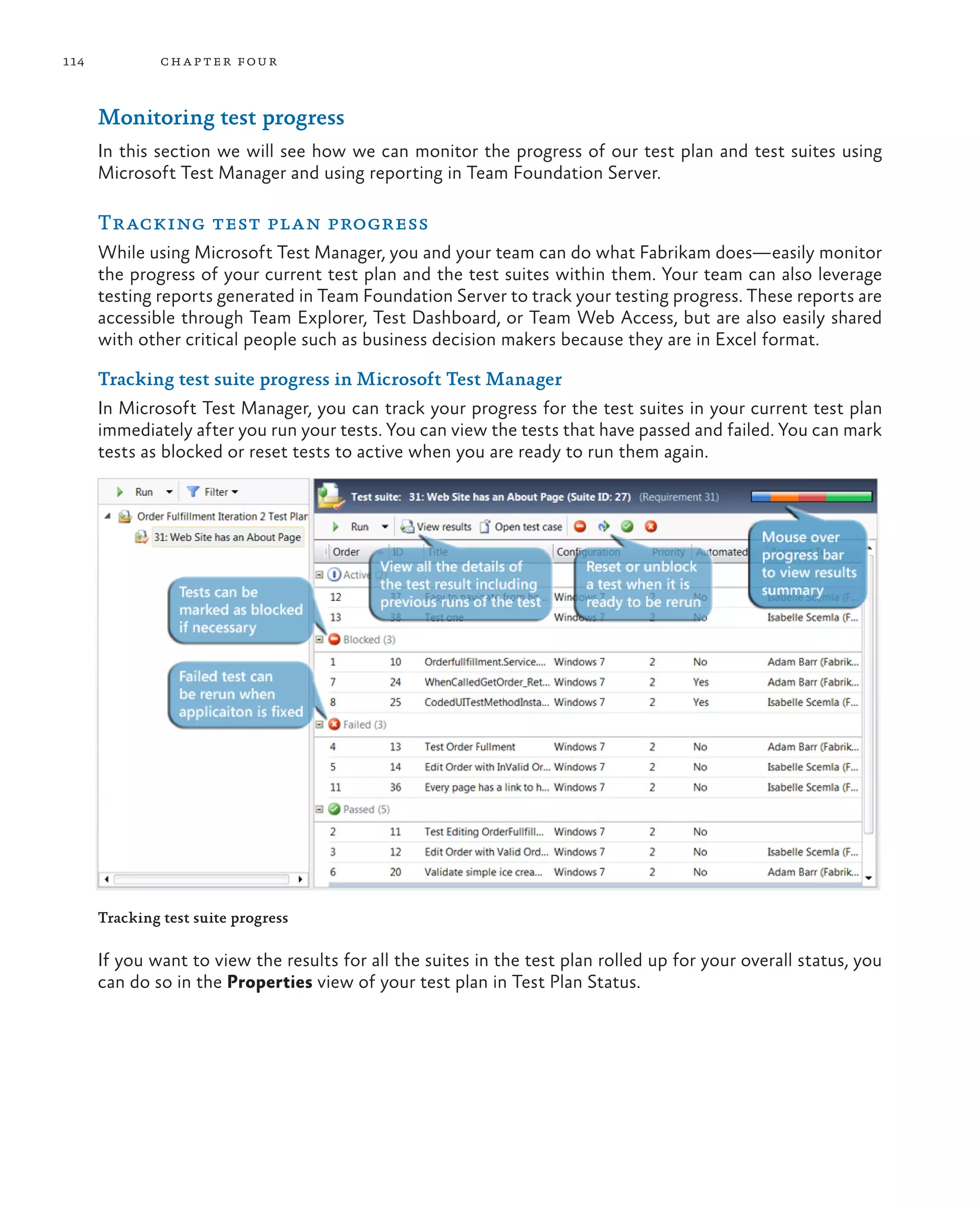 114 chapter four Monitoring test progress In this section we will see how we can monitor the progress of our test plan and test suites using Microsoft Test Manager and using reporting in Team Foundation Server. Tracking test plan progress While using Microsoft Test Manager, you and your team can do what Fabrikam does—easily monitor the progress of your current test plan and the test suites within them. Your team can also leverage testing reports generated in Team Foundation Server to track your testing progress. These reports are accessible through Team Explorer, Test Dashboard, or Team Web Access, but are also easily shared with other critical people such as business decision makers because they are in Excel format. Tracking test suite progress in Microsoft Test Manager In Microsoft Test Manager, you can track your progress for the test suites in your current test plan immediately after you run your tests. You can view the tests that have passed and failed. You can mark tests as blocked or reset tests to active when you are ready to run them again. Tracking test suite progress If you want to view the results for all the suites in the test plan rolled up for your overall status, you can do so in the Properties view of your test plan in Test Plan Status. 