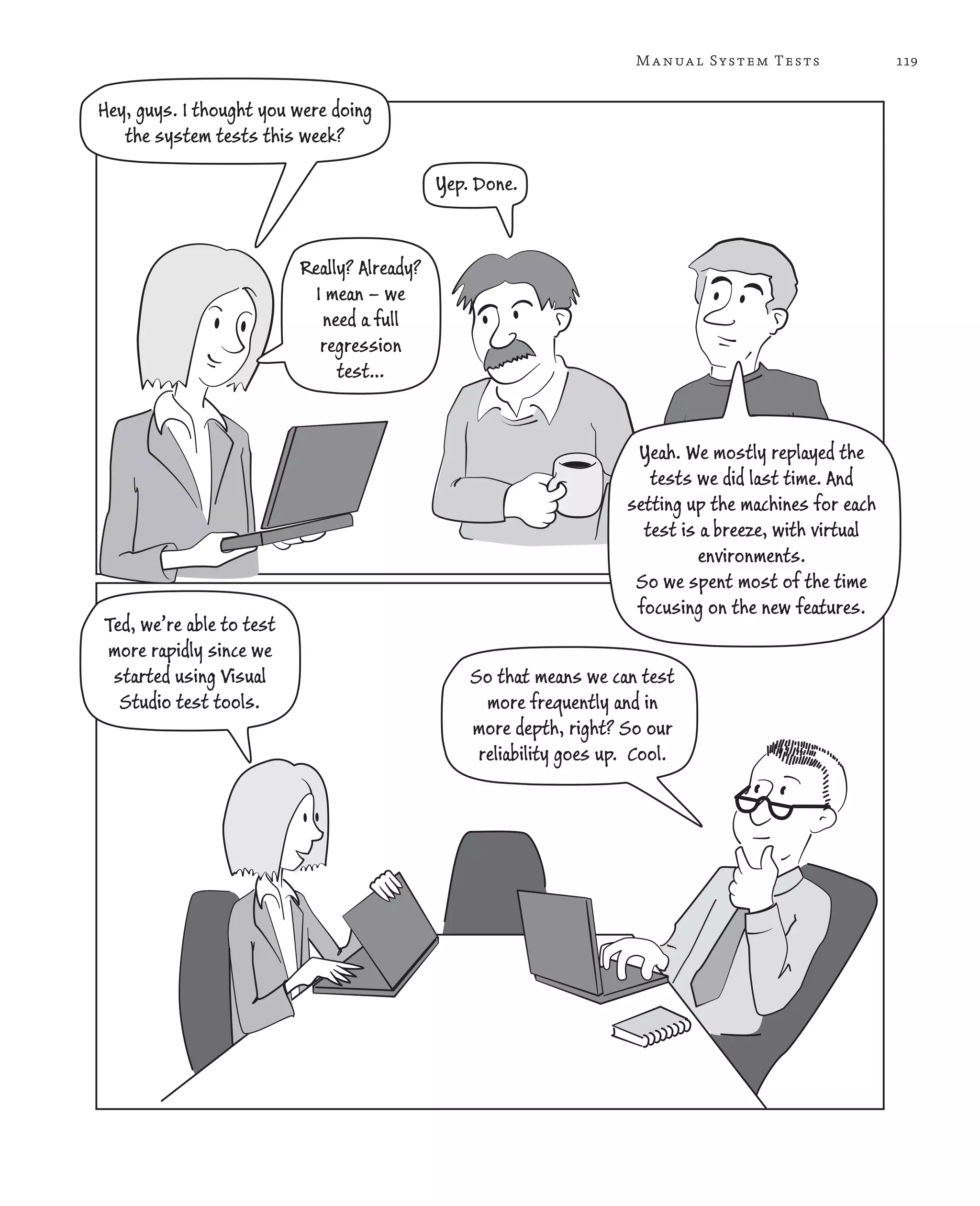 119Manual System Tests Hey, guys. I thought you were doing the system tests this week? Yep. Done. Really? Already? I mean – we need a full regression test… Yeah. We mostly replayed the tests we did last time. And setting up the machines for each test is a breeze, with virtual environments. So we spent most of the time focusing on the new features. Ted, we’re able to test more rapidly since we started using Visual Studio test tools. So that means we can test more frequently and in more depth, right? So our reliability goes up. Cool. 