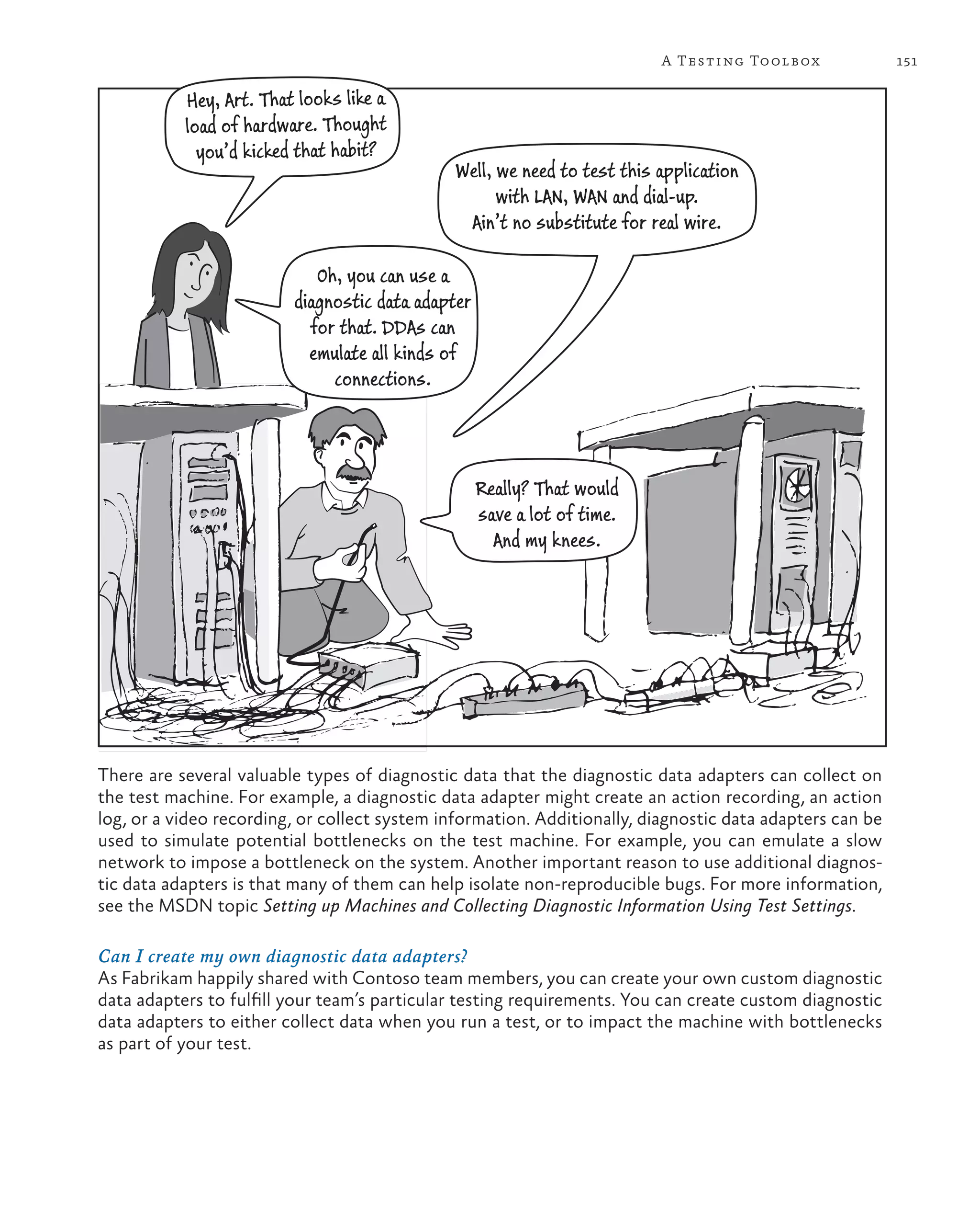 151A Testing Toolbox There are several valuable types of diagnostic data that the diagnostic data adapters can collect on the test machine. For example, a diagnostic data adapter might create an action recording, an action log, or a video recording, or collect system information. Additionally, diagnostic data adapters can be used to simulate potential bottlenecks on the test machine. For example, you can emulate a slow network to impose a bottleneck on the system. Another important reason to use additional diagnos- tic data adapters is that many of them can help isolate non-reproducible bugs. For more information, see the MSDN topic Setting up Machines and Collecting Diagnostic Information Using Test Settings. Can I create my own diagnostic data adapters? As Fabrikam happily shared with Contoso team members, you can create your own custom diagnostic data adapters to fulfill your team’s particular testing requirements. You can create custom diagnostic data adapters to either collect data when you run a test, or to impact the machine with bottlenecks as part of your test. Hey, Art. That looks like a load of hardware. Thought you’d kicked that habit? Well, we need to test this application with LAN, WAN and dial-up. Ain’t no substitute for real wire. Oh, you can use a diagnostic data adapter for that. DDAs can emulate all kinds of connections. Really? That would save a lot of time. And my knees. 