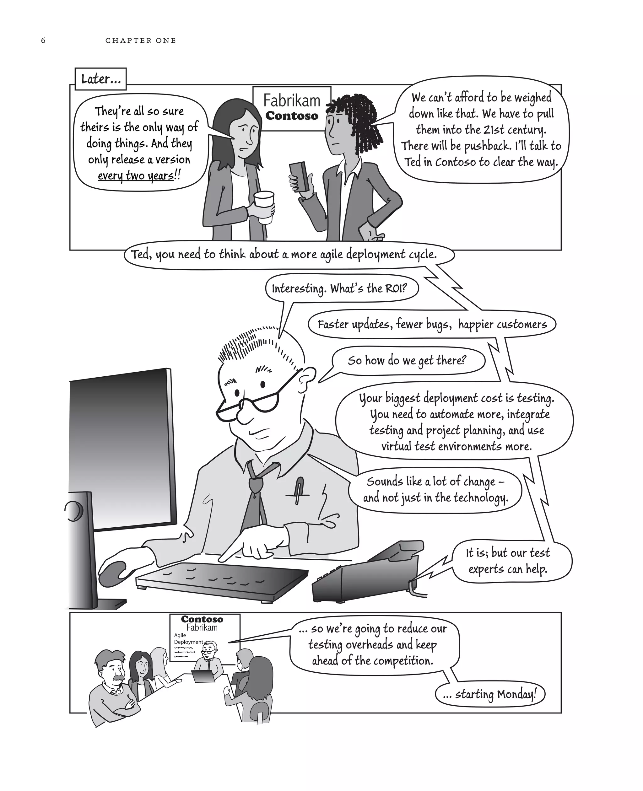 6 chapter one They’re all so sure theirs is the only way of doing things. And they only release a version every two years!! We can’t afford to be weighed down like that. We have to pull them into the 21st century. There will be pushback. I’ll talk to Ted in Contoso to clear the way. Ted, you need to think about a more agile deployment cycle. Interesting. What’s the ROI? Faster updates, fewer bugs, happier customers Your biggest deployment cost is testing. You need to automate more, integrate testing and project planning, and use virtual test environments more. Sounds like a lot of change – and not just in the technology. It is; but our test experts can help. So how do we get there? … so we’re going to reduce our testing overheads and keep ahead of the competition. … starting Monday! Later... 