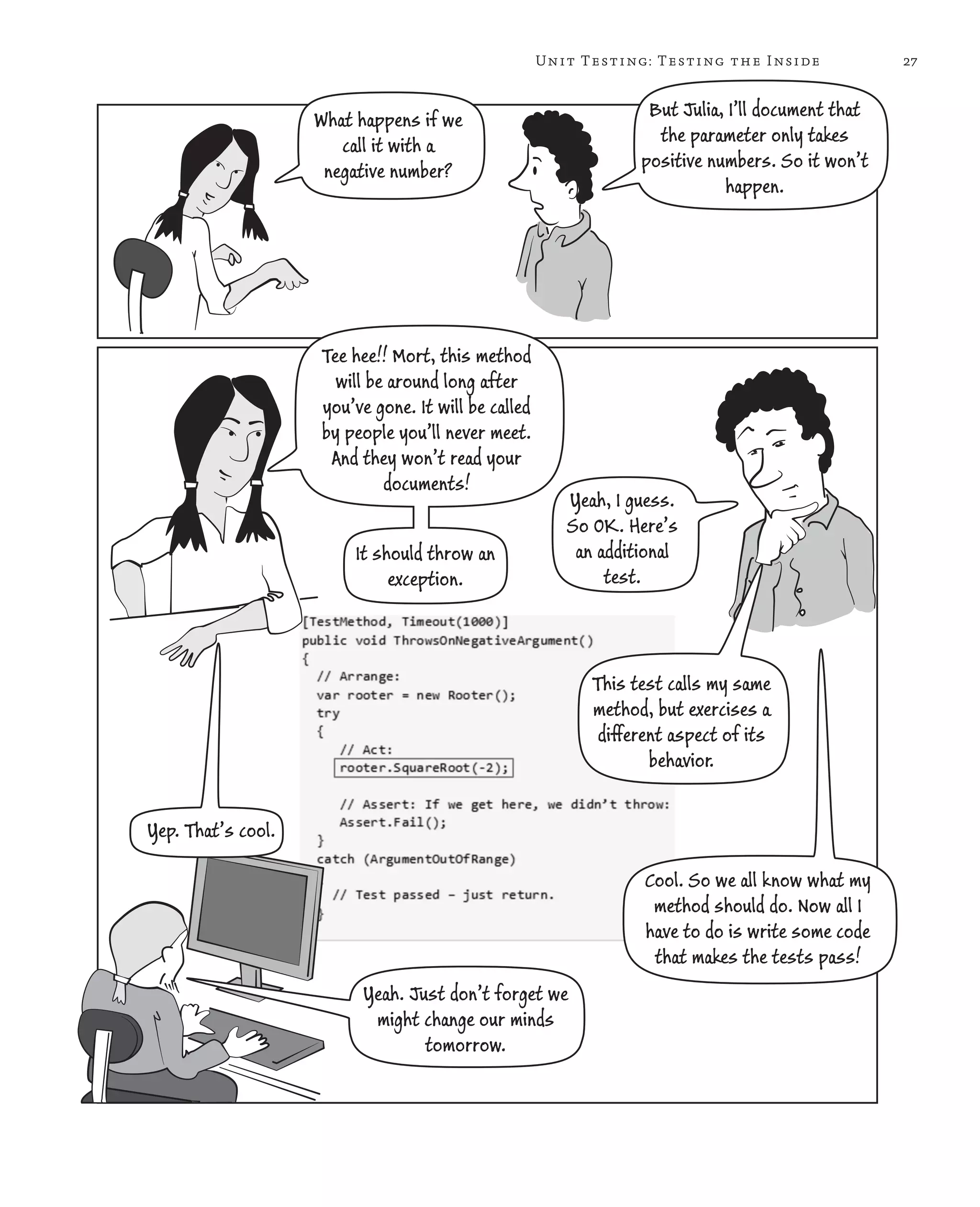 27Unit Testing: Testing the Inside What happens if we call it with a negative number? But Julia, I’ll document that the parameter only takes positive numbers. So it won’t happen. Tee hee!! Mort, this method will be around long after you’ve gone. It will be called by people you’ll never meet. And they won’t read your documents! Yeah, I guess. So OK. Here’s an additional test. This test calls my same method, but exercises a different aspect of its behavior. Yep. That’s cool. Cool. So we all know what my method should do. Now all I have to do is write some code that makes the tests pass! Yeah. Just don’t forget we might change our minds tomorrow. It should throw an exception. 