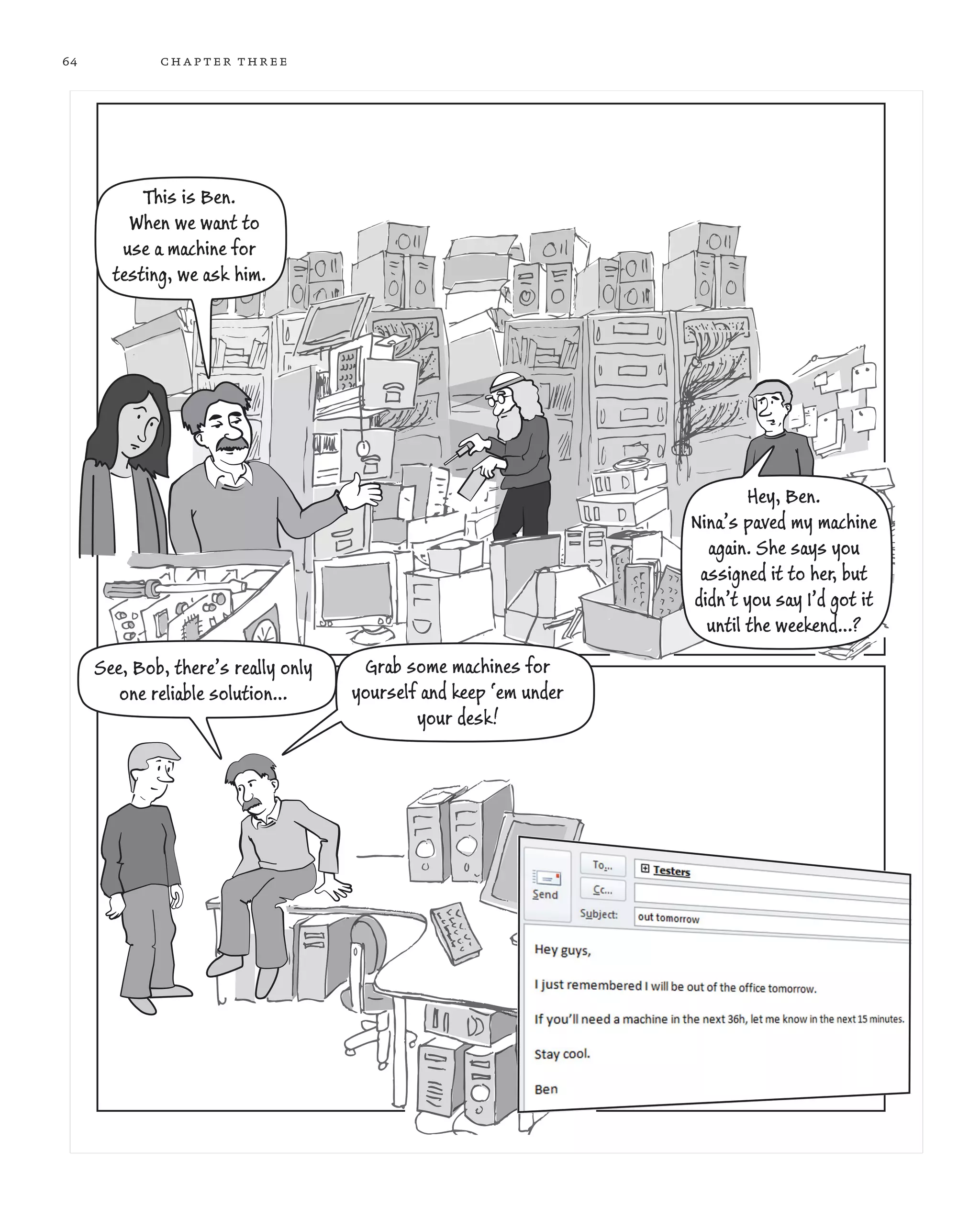 64 chapter three Hey, Ben. Nina’s paved my machine again. She says you assigned it to her, but didn’t you say I’d got it until the weekend…? This is Ben. When we want to use a machine for testing, we ask him. See, Bob, there’s really only one reliable solution… Grab some machines for yourself and keep ‘em under your desk! 